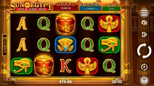 Sun of Egypt Hold and Win main screen with reels, jackpot meters, and the right-side control buttons