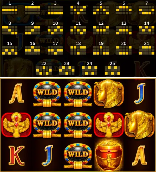 Win lines map next to a reel view with Wild, Scatter, and regular symbols